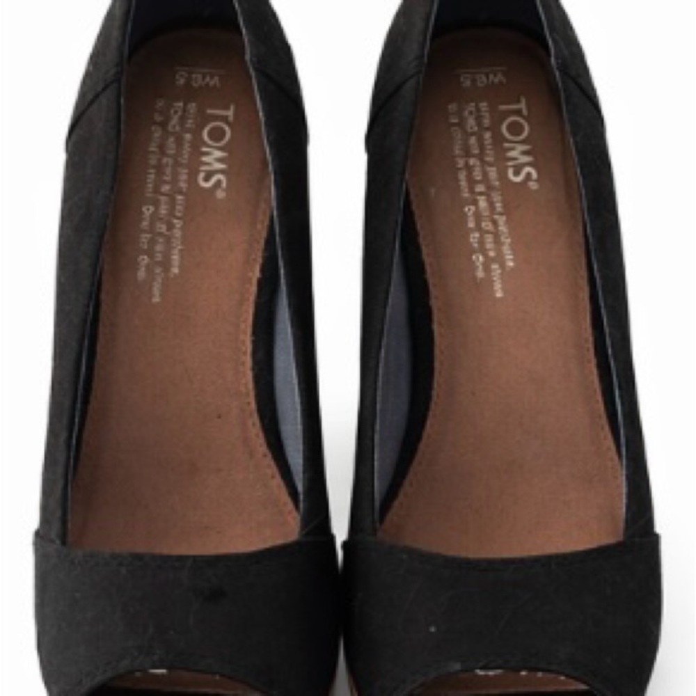 TOMS Black Canvas Peep-Toe Slip-On Heels
